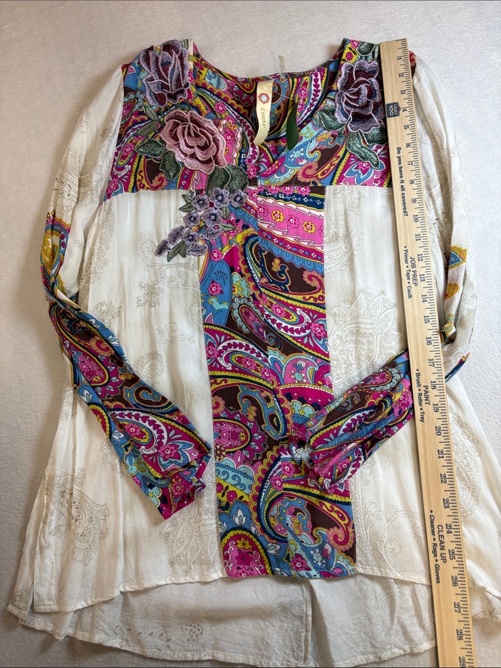 Embroidered Ivory Paisley Mixed-Print Tunic Top